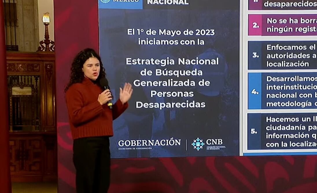 La secretaria de Gobernación, Luisa María Alcalde Luján, informó que conforme a la nueva Estrategia Nacional de Búsqueda Generalizada hay 110 mil 964 registros de personas desaparecidas. Foto: especial