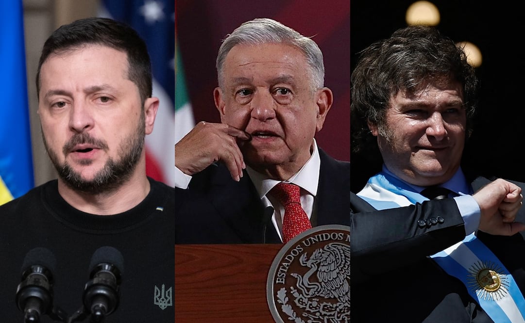 Volodymyr Zelensky, Andrés Manuel López Obrador y Javier Milei. Foto: Especial