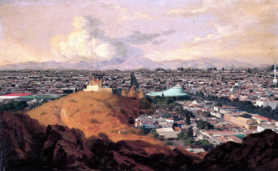 Urbanización de la Villa de Guadalupe según las imágenes de Google Earth, montadas sobre el paisaje de Velasco, realizado desde el Tepeyac. Imagen: Emiliano Bautista Neumann.