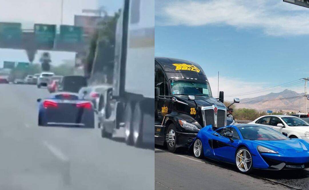 Tráiler choca contra un McLaren en carretera de Guanajuato y se viraliza en redes. Foto: redes sociales