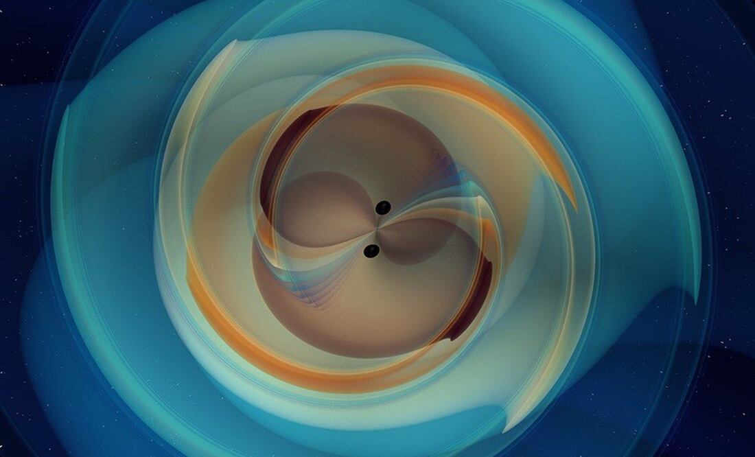 Simulación numérica de dos agujeros negros que se inspiran y se fusionan emitiendo ondas gravitacionales. Foto: Especial