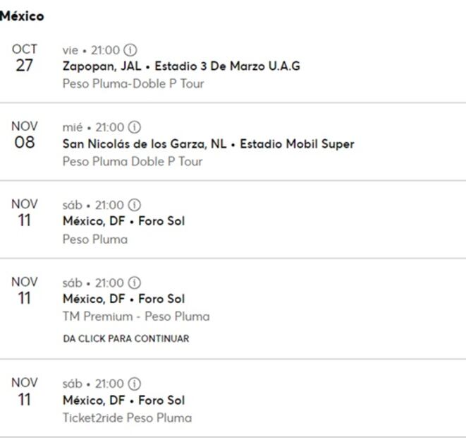 Estos son los conciertos que aparecen en la página de Ticketmaster. Foto: Captura de pantalla