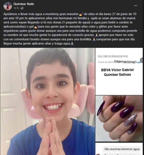 Gabriel de 9 años ofrece aplicar uñas a cambio de botellas de agua para gente de Monterrey