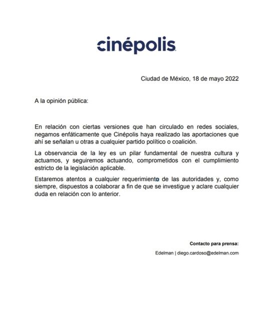 Cinépolis niega aportaciones al PRI tras filtración de audio de Alito Moreno