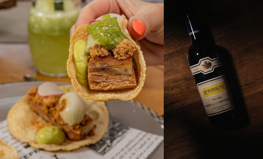 Taquito de lechón y vino tinto de Rombauer. Foto: cortesía