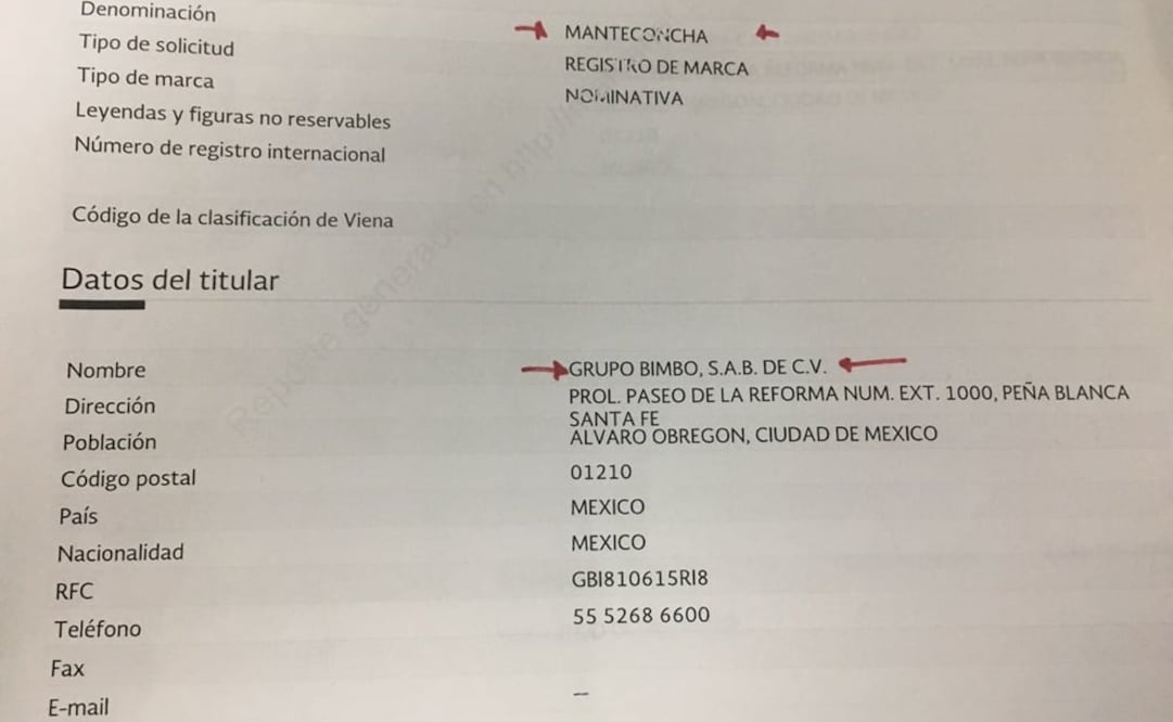 Registro ante el IMPI del nombre manteconchas. Foto: Especial