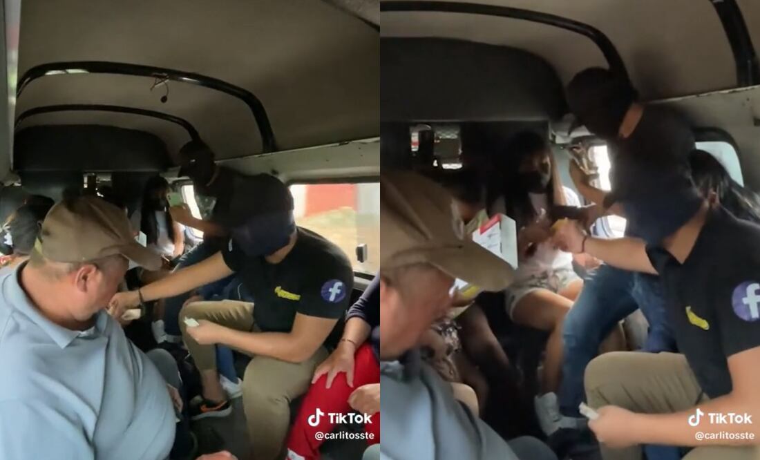 Los hombres empezaron a pedir las pertenencias de los pasajeros y dependiendo de lo que trajeran les daban dinero, celulares, juguetes, audífonos o reloj. Foto: Captura de video
