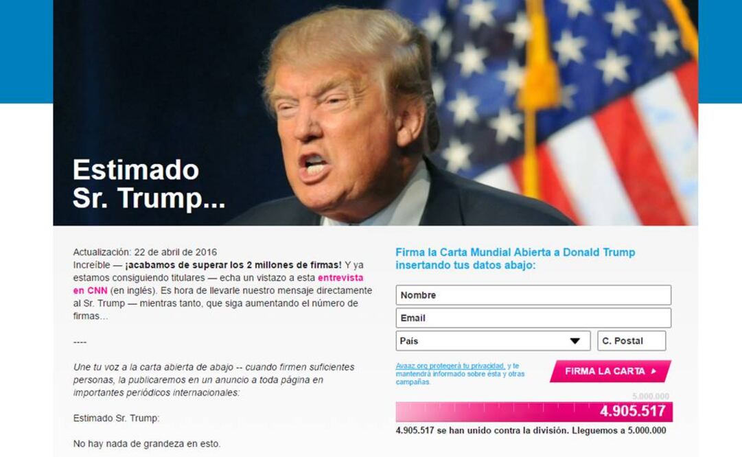 Carta mundial abierta contra Trump suma casi 5 millones de firmas