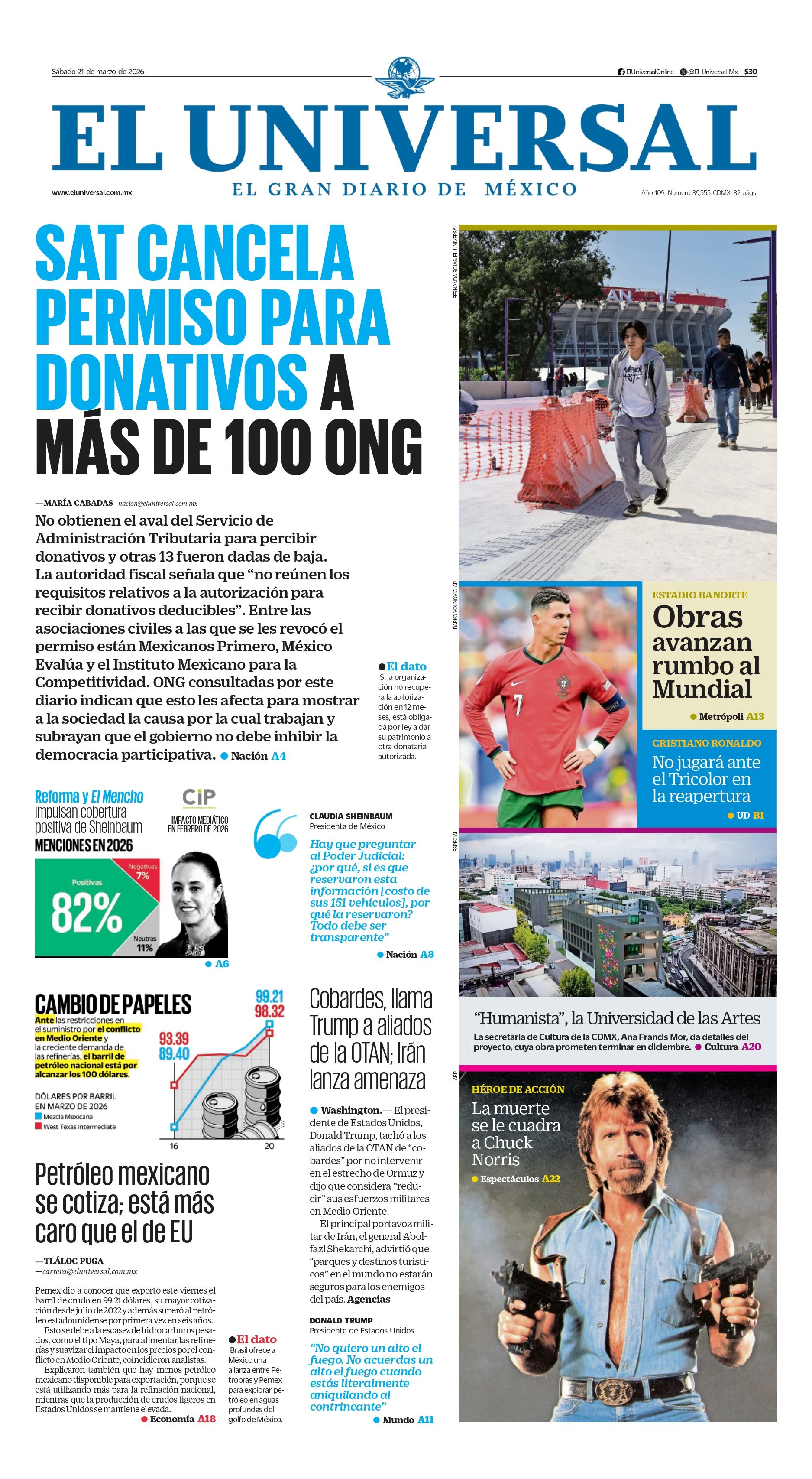 Portada impresa del 21 de marzo de 2026