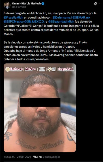 Omar García Harfuch dio a conocer la detención de "El Congo". Foto: tomada de X @OHarfuch