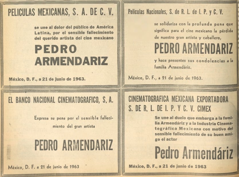 Esquelas de Pedro Armendáriz.
Hemeroteca EL UNIVERSAL.