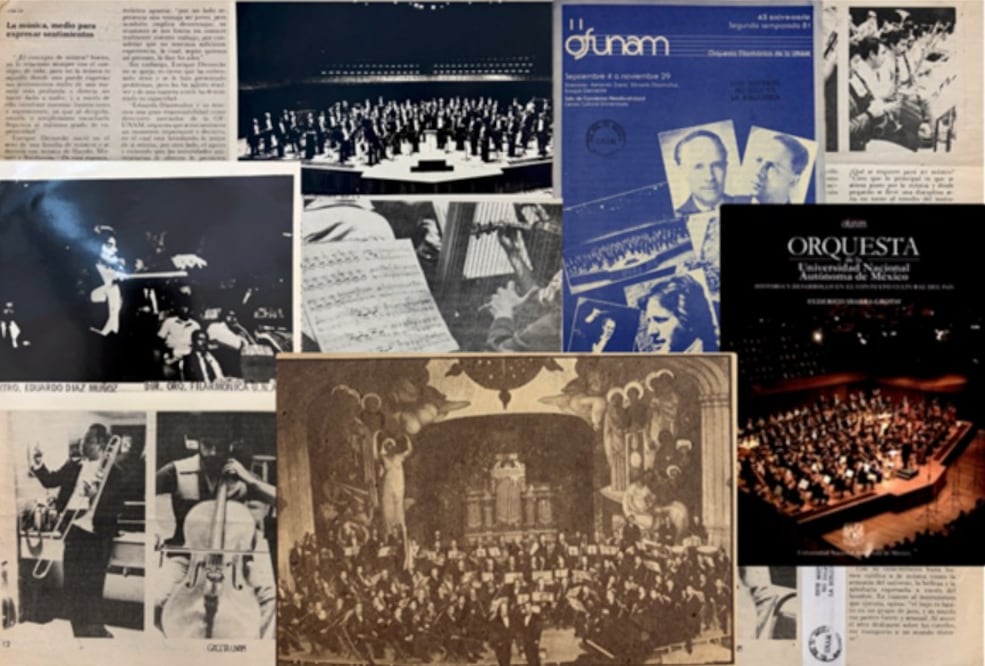 Programas, recortes de periódicos y fotografías reconstruyen noventa años de historia de la OFUNAM. Fotografías y collage: Josue Chispan