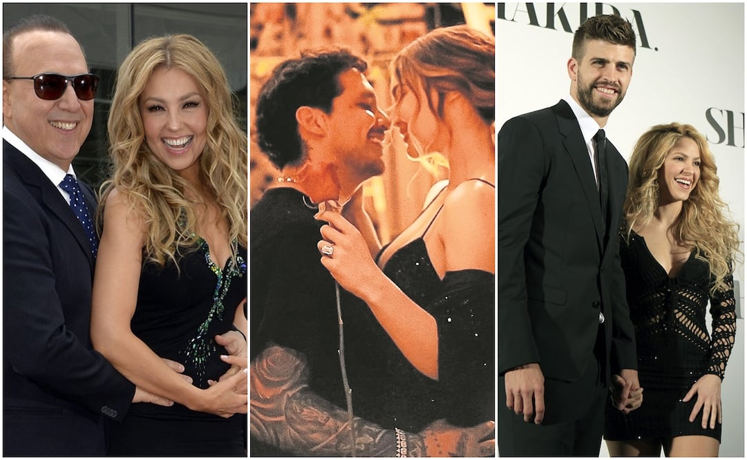 Tommy Mottola, Thalía, Christian Nodal, Belinda, Gerard Piqué y Shakira. Fotos: AP, captura y EFE
