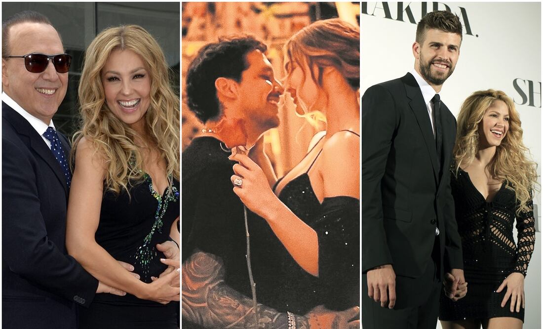 Tommy Mottola, Thalía, Christian Nodal, Belinda, Gerard Piqué y Shakira. Fotos: AP, captura y EFE
