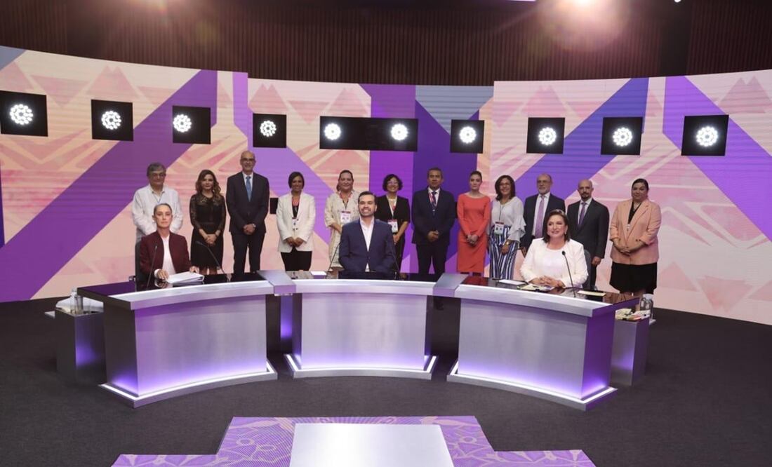 Primer debate presidencial entre las candidatas Claudia Sheinbaum y Xóchitl Gálvez, y el candidato Jorge Álvarez Máynez. Foto: INE