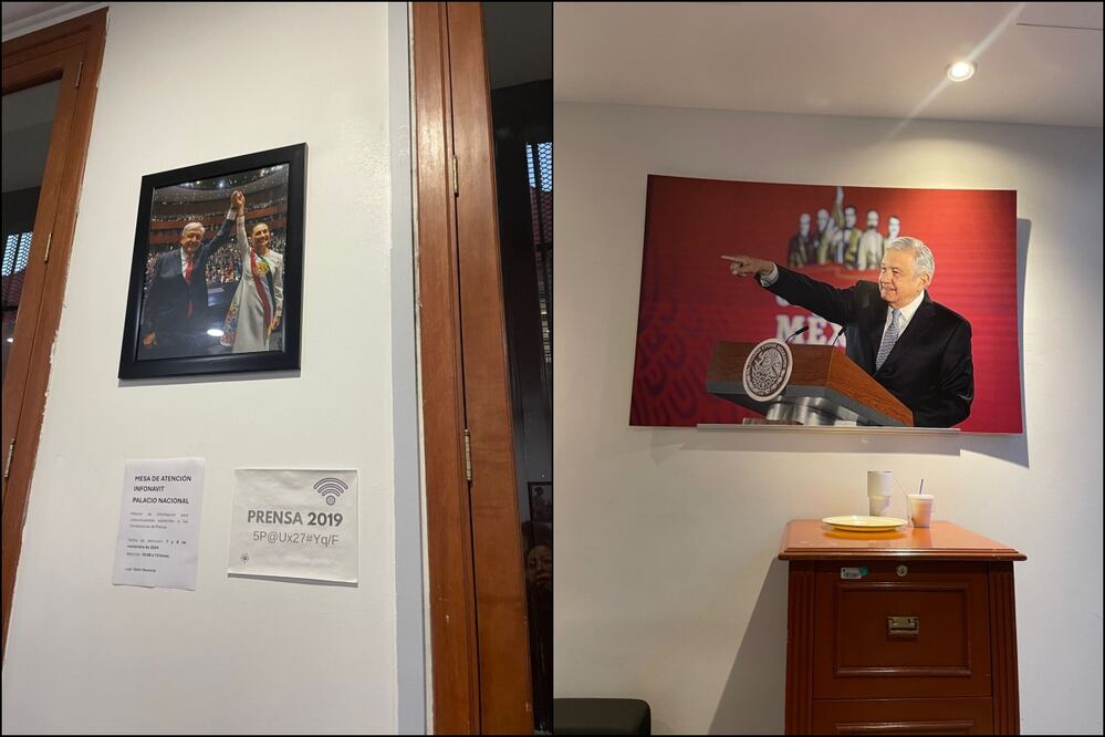 Luego de cuatro meses de la actual administración, este fin de semana la sala de prensa en la cual se encontraban los retratos de AMLO fueron colocados fotografías de la primera mujer Presidenta. Foto: Especial