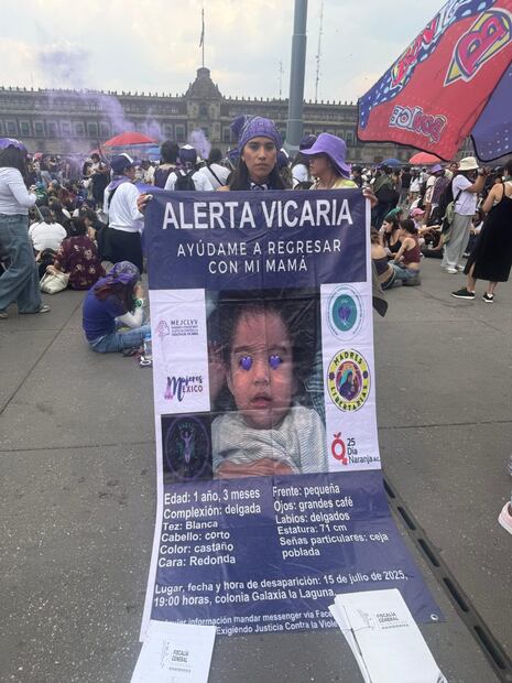 Angélica Luna Jiménez, acudió a la marcha con  una pancarta con el rostro de su hijo de un año nueve meses que fue sustraído por su padre. Foto: Daniela Wachauf / EL UNIVERSAL