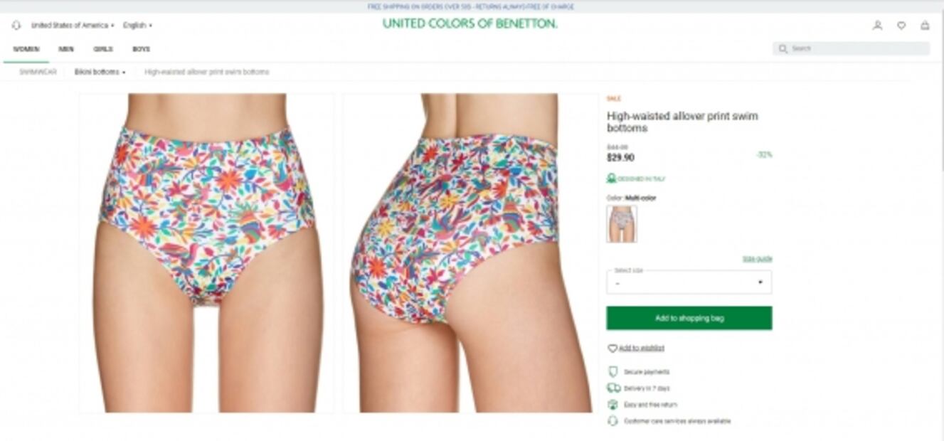 Acusan a United Colors of Benetton de usar bordados otomís en traje de baño