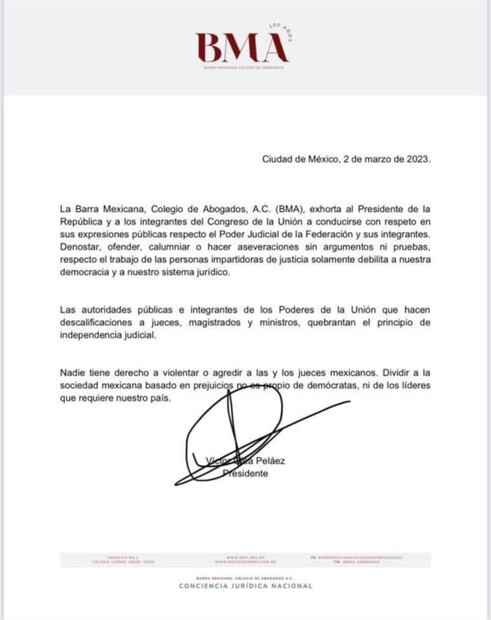 Barra de Abogados pide a AMLO respeto tras sus expresiones “sin argumentos” contra ministra Norma Lucía Piña