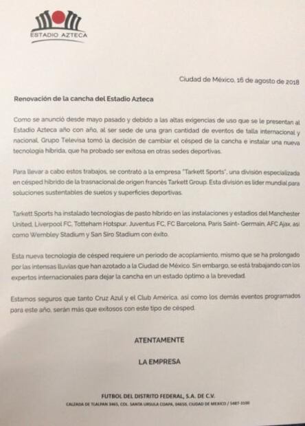 Fecha FIFA servirá para restaurar césped del Estadio Azteca