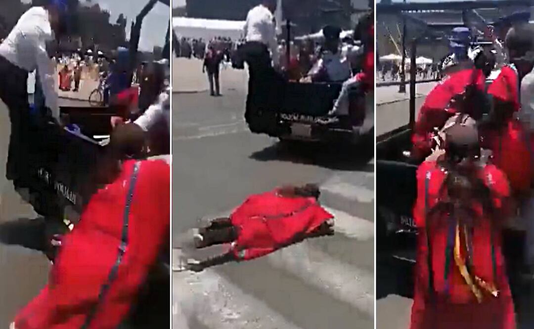 Foto: Una mujer es arrastrada sobre el asfalto al intentar subir a una de las patrullas capitalinas 