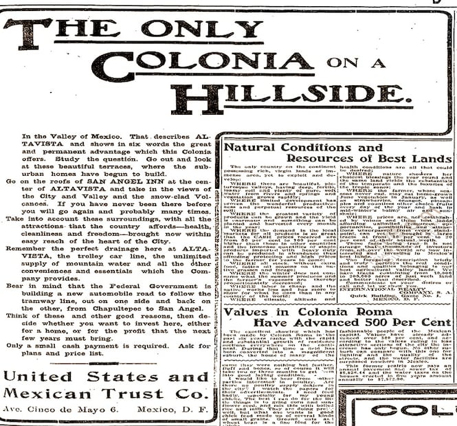 Publicidad de la colonia San Angel Inn y Altavista a inicios del siglo XX. Col Carlos Villasana.