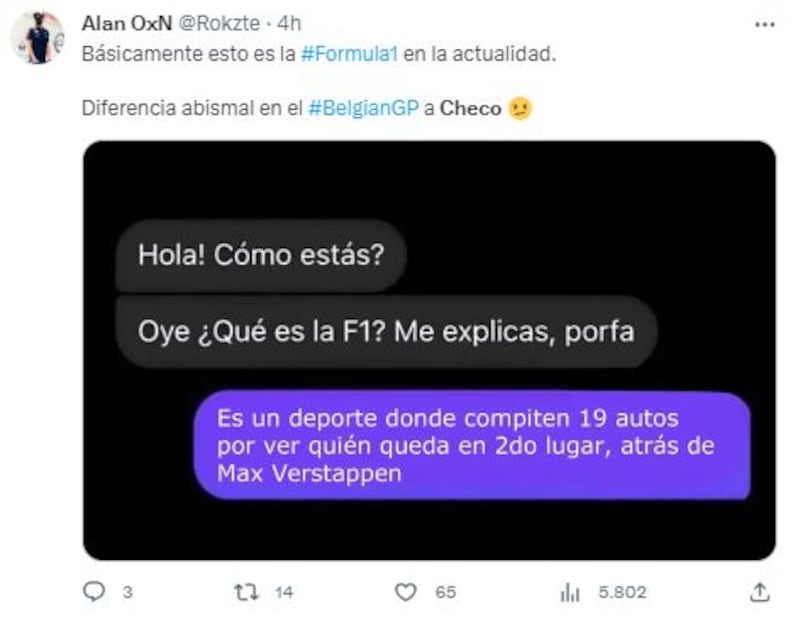 Los memes de "Checo" Pérez y el Gran Premio de Bélgica - Foto: Especial