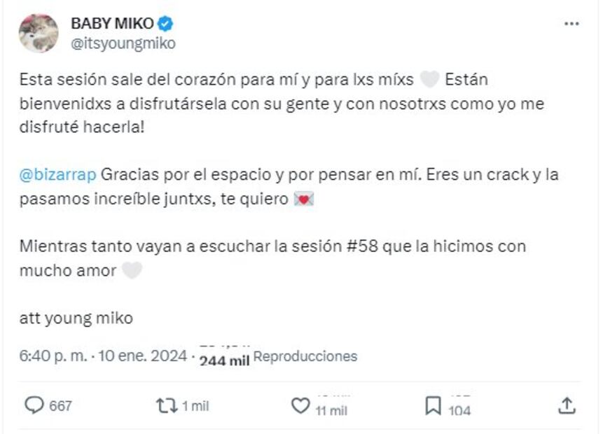 Youn Miko tweet sobre sesión con Bizarrap