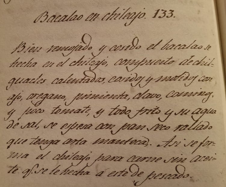 Receta de bacalao de 1829. Crédito: Alberto Peralta