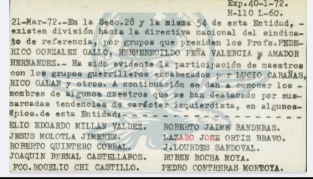 Fichas elaboradas por la Dirección Federal de Seguridad donde sigue los pasos del exgobernador de Sinaloa Rubén Rocha (05/05/2026). Foto: Especial