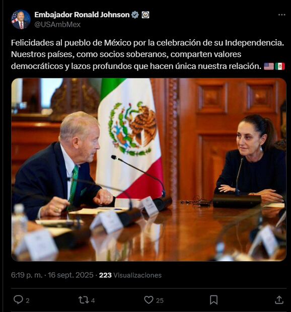 Felicitación del embajador Ronald Johnson  a México / Captura de pantalla