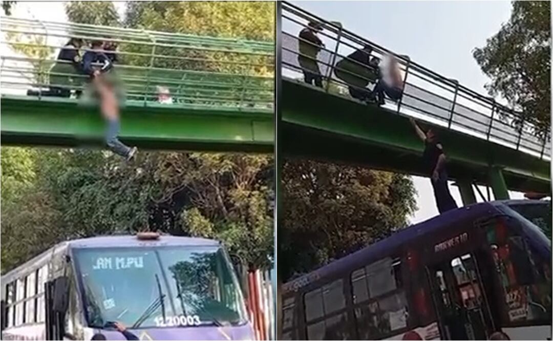 Policías de la SSC salvan a persona de saltar desde puente peatonal en la alcaldía Venustiano Carranza. Foto: Especial