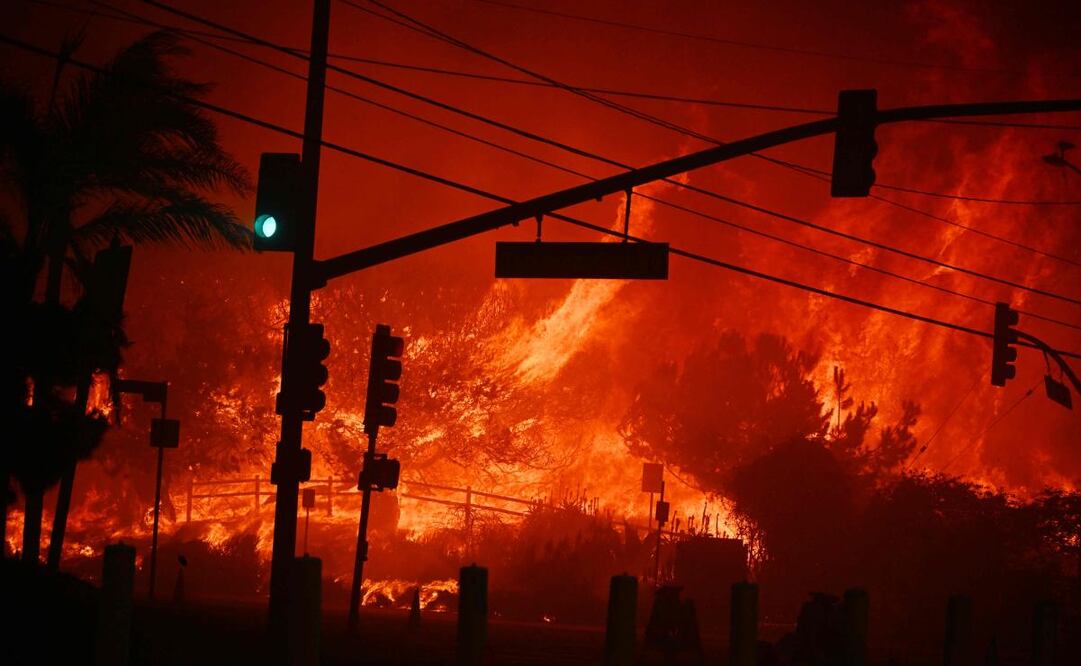 Un incendio forestal en Pacific Palisades, al noroeste de Los Ángeles, ha consumido más de 480 hectáreas, destruyendo varias residencias y obligando a evacuar a 30 mil personas. (07/01/25) Foto: AFP