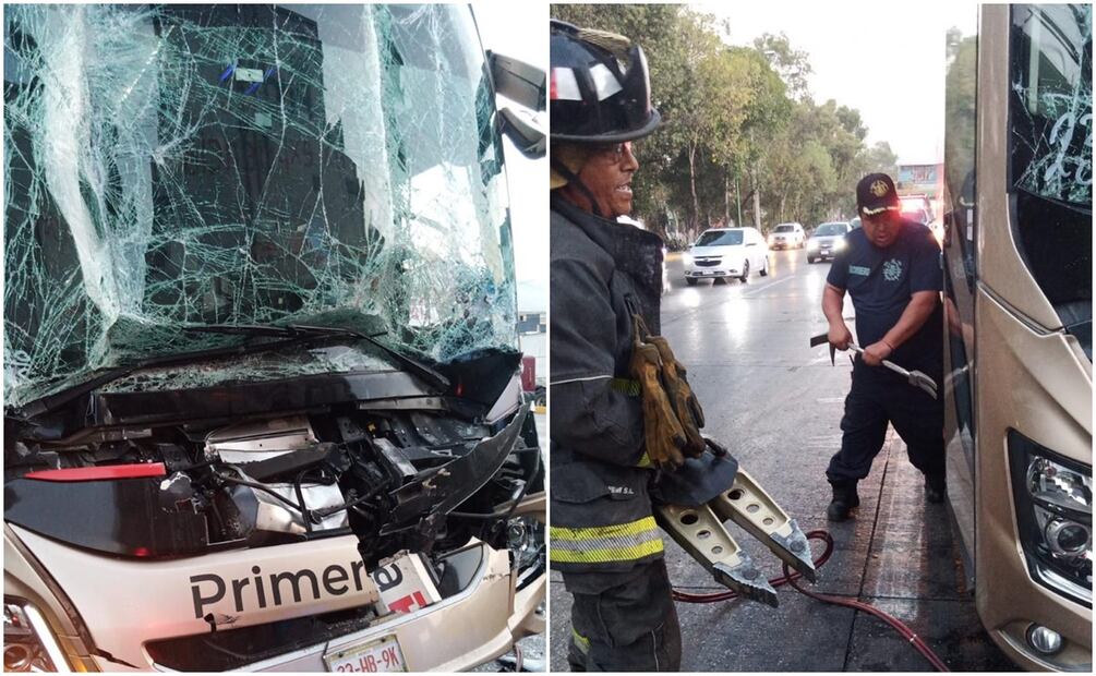 Choque de autobús contra un tráiler en Tlalnepantla, deja conductor prensado y 7 pasajeros heridos. Foto: Especial