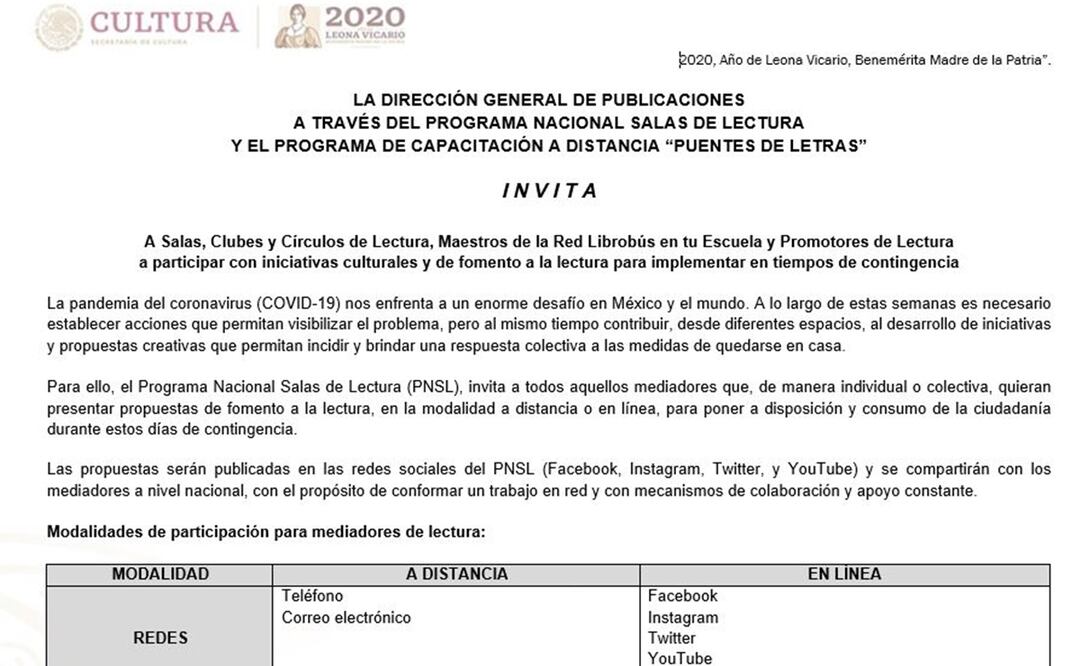 Imagen de una de las diferentes invitaciones de la Secretaría de Cultura a participar en el programa. Foto: Especial