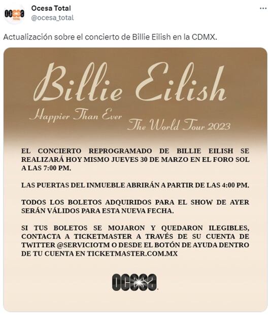 La empresa dio alternativas si tu boleto se mojó. Foto: Twitter. @ocesa_total