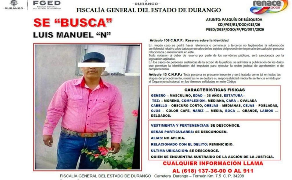 Ficha de búsqueda del presunto feminicida (05/01/2026). Foto: Especial