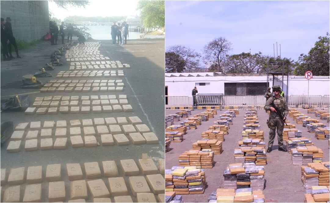 Agentes guatemaltecos (izq) vigilan una carga de 630 kilos de cocaína. En Colombia (der) Oficiales custodian un gigantesco cargamento de cocaína. Fotos: Cortesía de gobiernos colombiano y guatemalteco