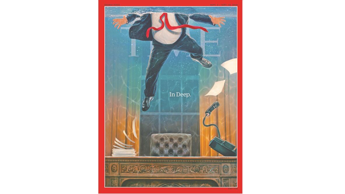 En su edición de septiembre, la revista Time muestra a Trump en el Despacho Oval, con “el agua al cuello”. Foto: TOMADA DE TWITTER