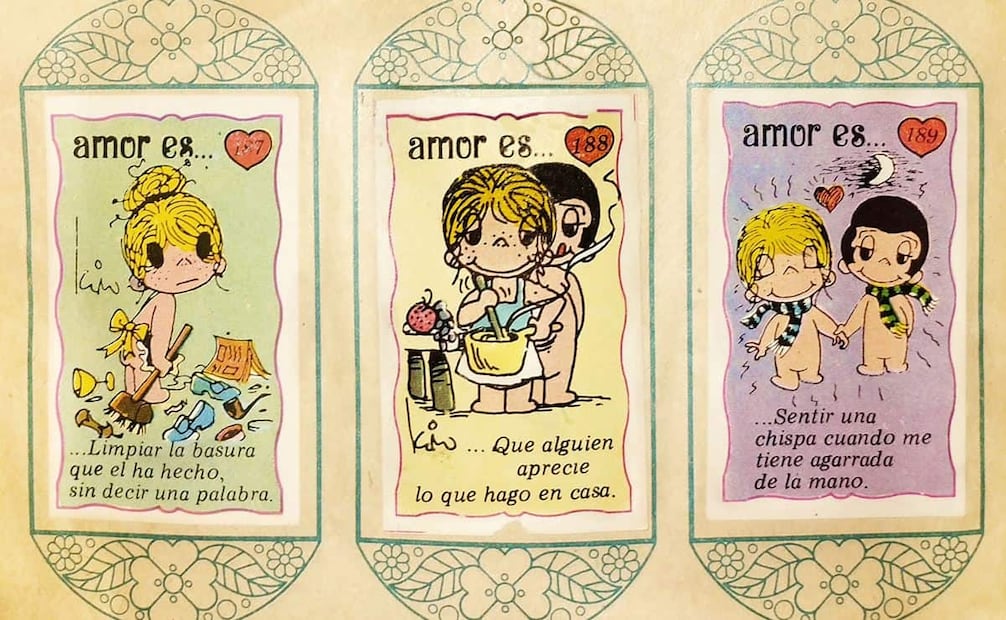 Álbum de estampas “Amor Es…”; en una de las viñetas se lee “Limpiar la basura que él ha hecho, sin decir una palabra”, un mensaje que hoy podría generar rechazo. Foto: Liza Luna/EL UNIVERSAL/Material MiniKim.