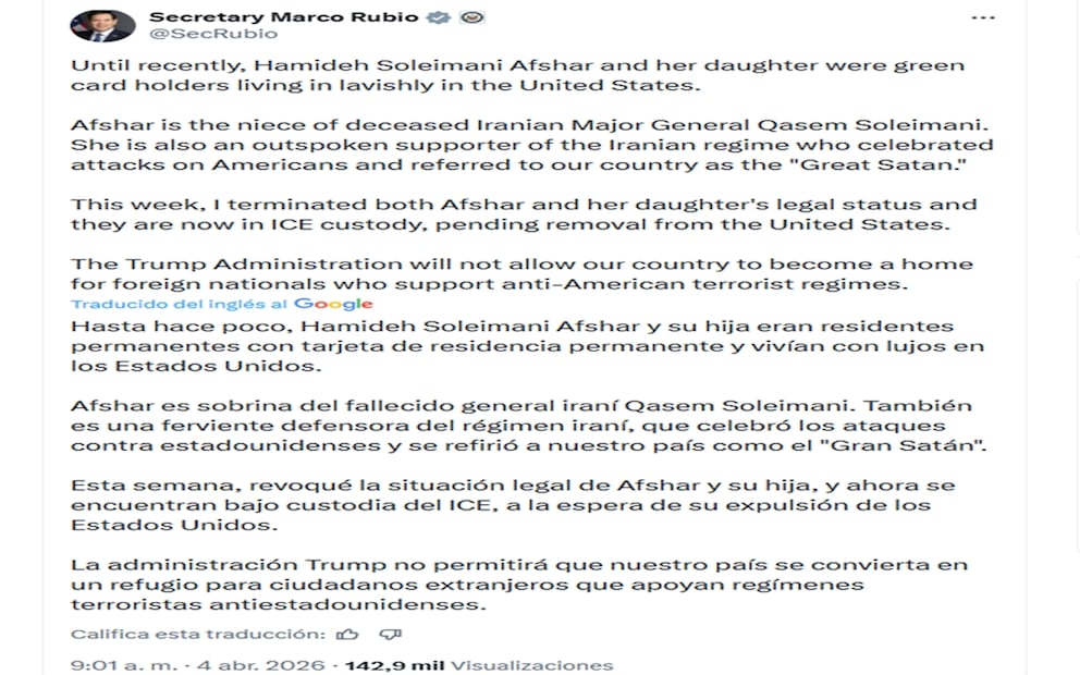 El secretario de Estado de EU, Marco Rubio, revocó la situación legal de Hamideh Soleimani Afshar y su hija y su hija, y ahora están bajo custodia del ICE, a la espera de su expulsión de Estados Unidos. Foto: Marco Rubio / Vía @SecRubio