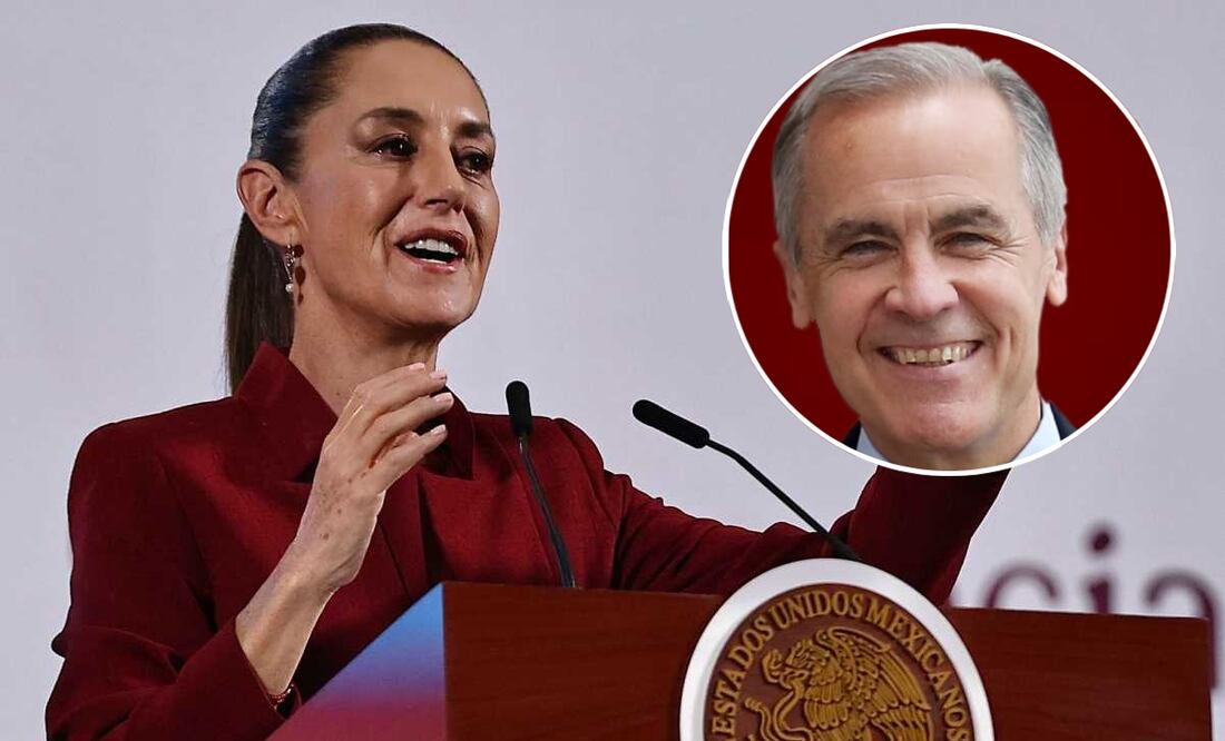 Claudia Sheinbaum, presidenta de México, durante la mañanera del 2 de abril del 2025 en Palacio Nacional. En el círculo: Mark Carney, primer ministro de Canadá. Foto: Berenice Fregoso / EL UNIVERSAL y Especial.