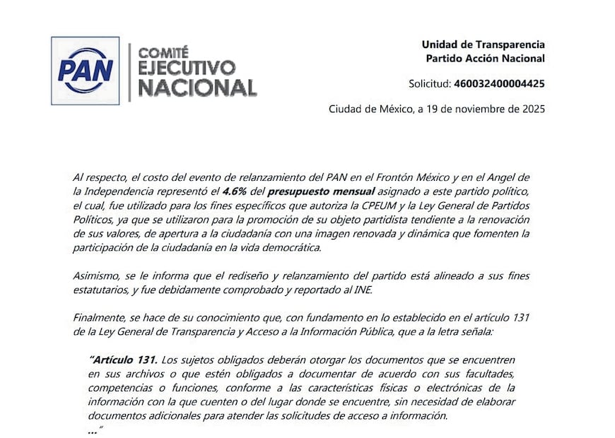 En su respuesta a EL UNIVERSAL, el Comité Ejecutivo Nacional (CEN) del PAN puntualizó que los eventos de relanzamiento del partido político en el Frontón México y en el Ángel de la Independencia, realizados el pasado 18 de octubre, representaron 4.6% de su presupuesto mensual asignado por el Instituto Nacional Electoral (INE).


