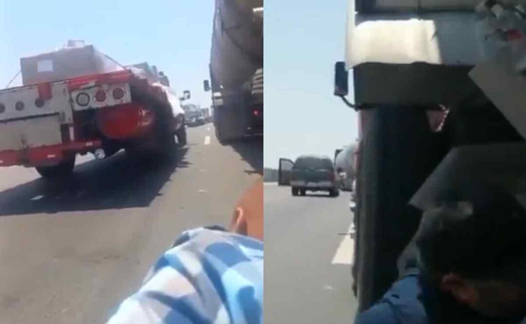 En las imágenes se observa a un conductor escondiéndose debajo de un tráiler y otro pecho tierra Foto: Especial