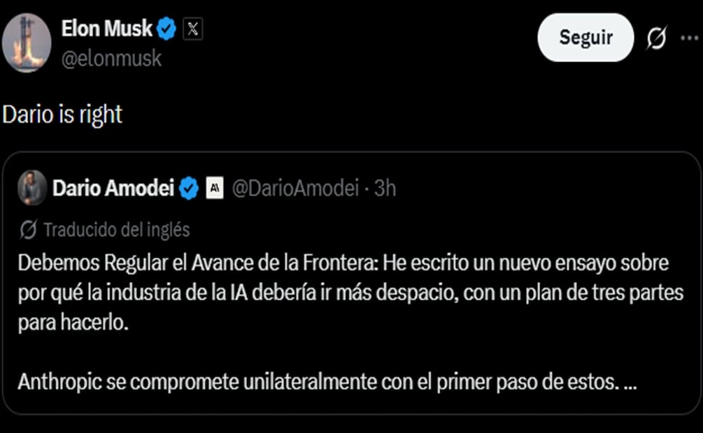Elon Musk se sumó al llamado de los directivos de Anthropic y OpenAI para desacelerar el desarrollo de la inteligencia artificial. Foto: Captura de pantalla