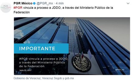 Afirma PGR que Javier Duarte fue vinculado a proceso