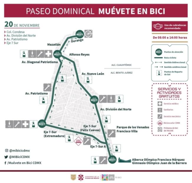 Paseo Dominical “Muévete en Bici”cambia su ruta por desfile del Día de la Revolución Mexicana