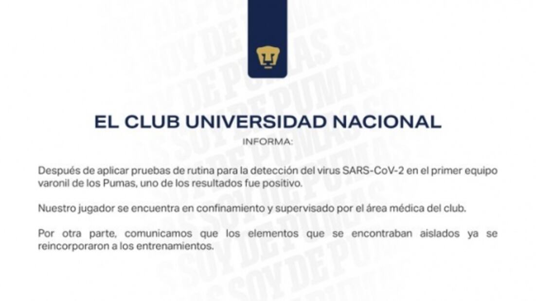Pumas anuncia un positivo a coronavirus previo a la Jornada 7