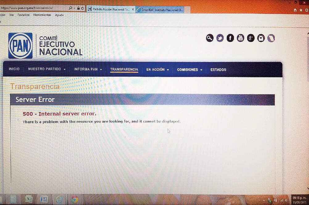 Las páginas de internet de los partidos incumplen con las reglas de transparencia, al presentar diversas irregularidades, como en esta página del PAN con links rotos (ESPECIAL)
