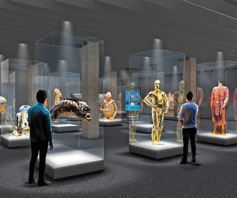 Imagen de cómo se verá la sala “Inventing Worlds & Characters”, de la serie de exhibiciones “Stories of Cinema”, dedicada a ciencia ficción y fantasía, con piezas de cintas como Star Wars y Alien. Foto: CORTESÍA: ACADEMY MUSEUM FOUNDATION